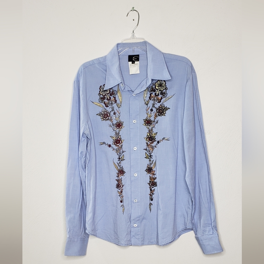 Just Cavalli Light Blue Embellishment Cotton Button Up Shirt Size XL - Picture 1 of 13